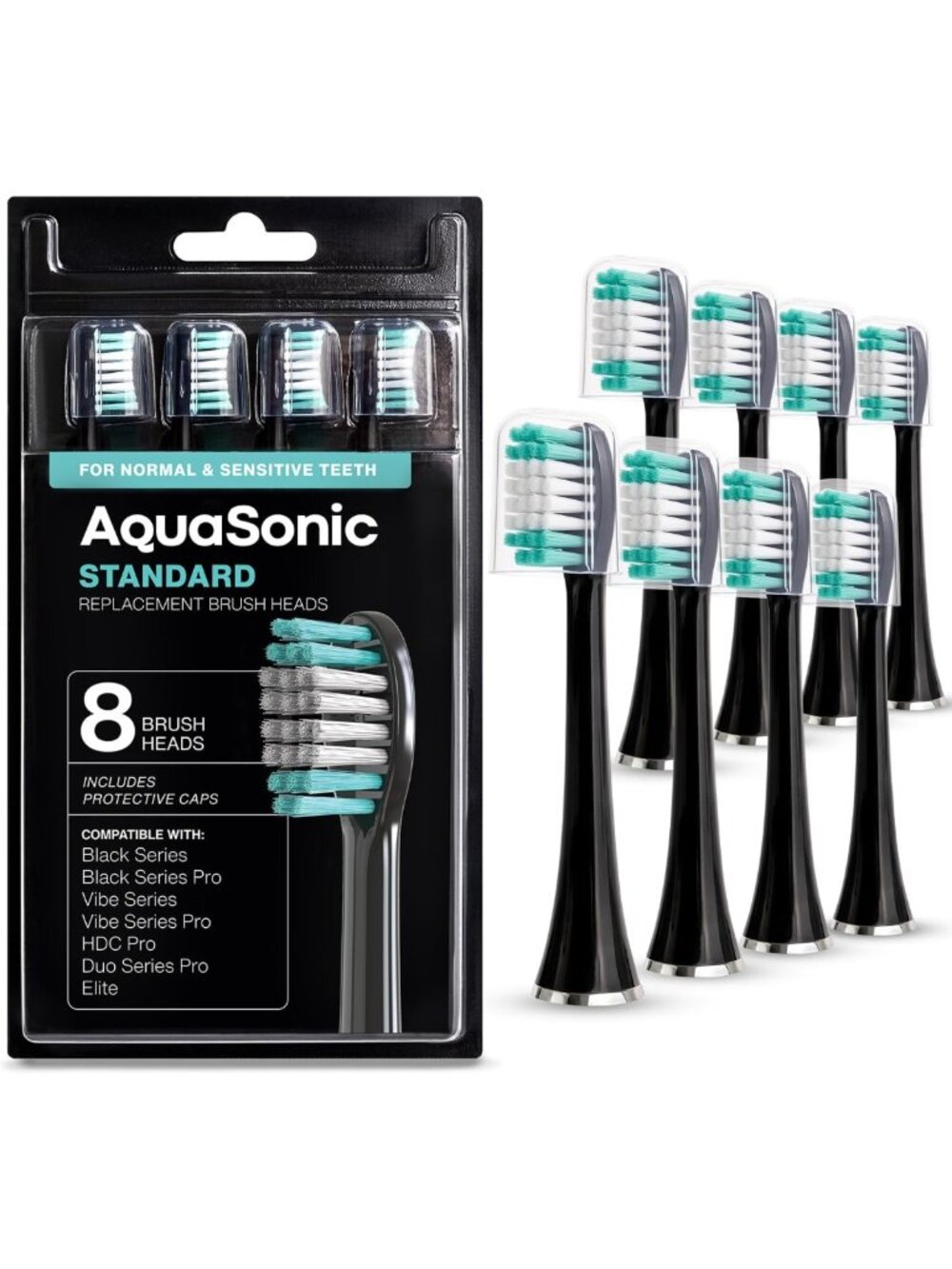 8 Pack Standard Replacement Toothbrush Heads - Compatible, Black, Soft Bristles